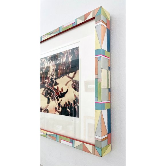 Hand Painted Chalk Paint Pastel Multi Color Geometric Pattern Wood Frame 12x15 - Picture 6 of 8